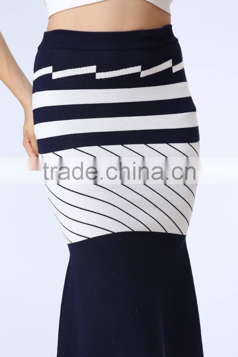 2016 New arrival white & black stripe knitted Crop and fishtail high waist knitted Skirt Co-ord Set
