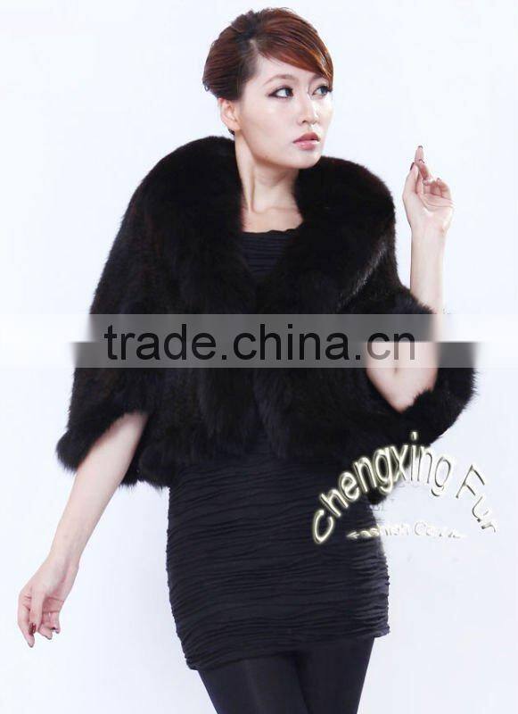 CX-B-M-41C Mink Fur Knitted Ladies Shawl With Fox Fur Trim