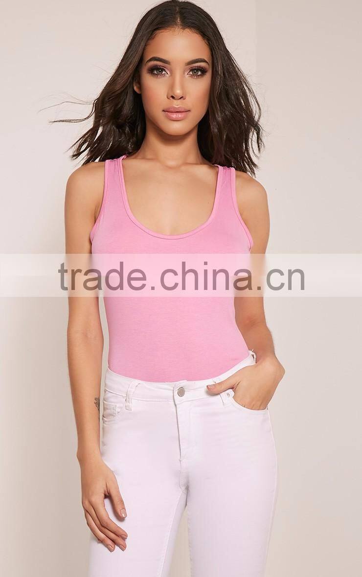 Light Pink Women Basic Bodysuit With Racer Back Bodybuilding Elastic Plain Jumpsuit