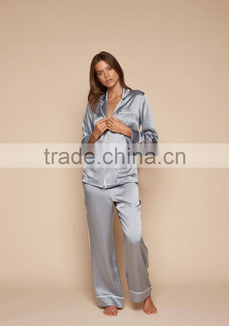OEM Service Women Grey Satin Sleepwear Appeal Silk Pyjama Long Sleeve Blouse With Long Pants White Piping