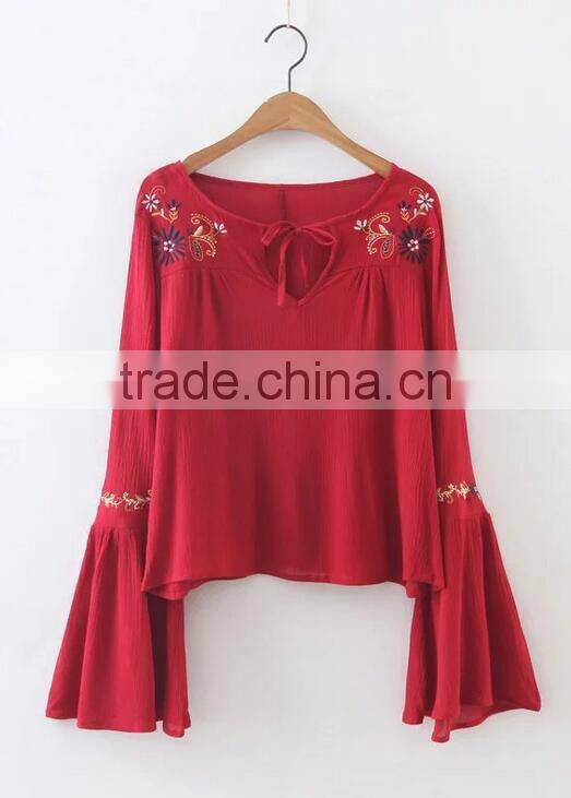 Runwaylover EY2366B Ladies Fashion Flare Sleeve Embroidery Blouse