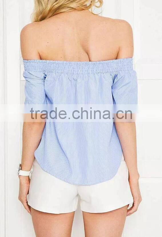 Runwaylover EY2332B 2017 Ladies Short Sleeve Fashion Off-Shoulder Stripe Blouse