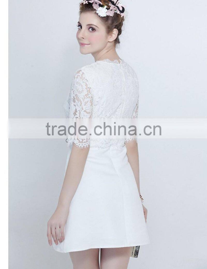 Fashion solid color round neck black,white lace spring dress
