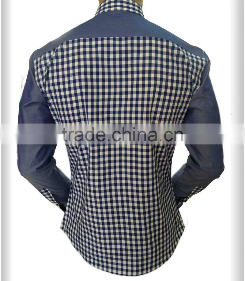 2017 latest design men' plaid cotton shirt with contrast color on placket
