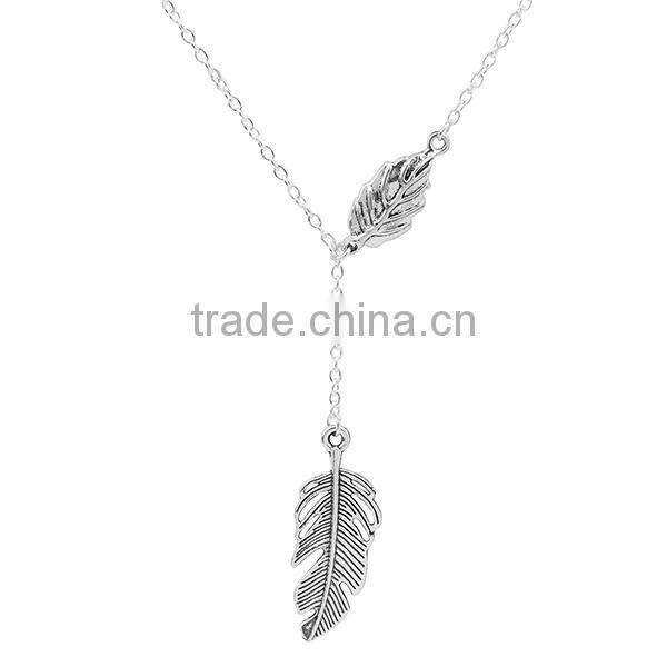 New Fashion Y Shaped Lariat Necklace Silver Plated Leaf Connector Feather Pendant 51.5cm long