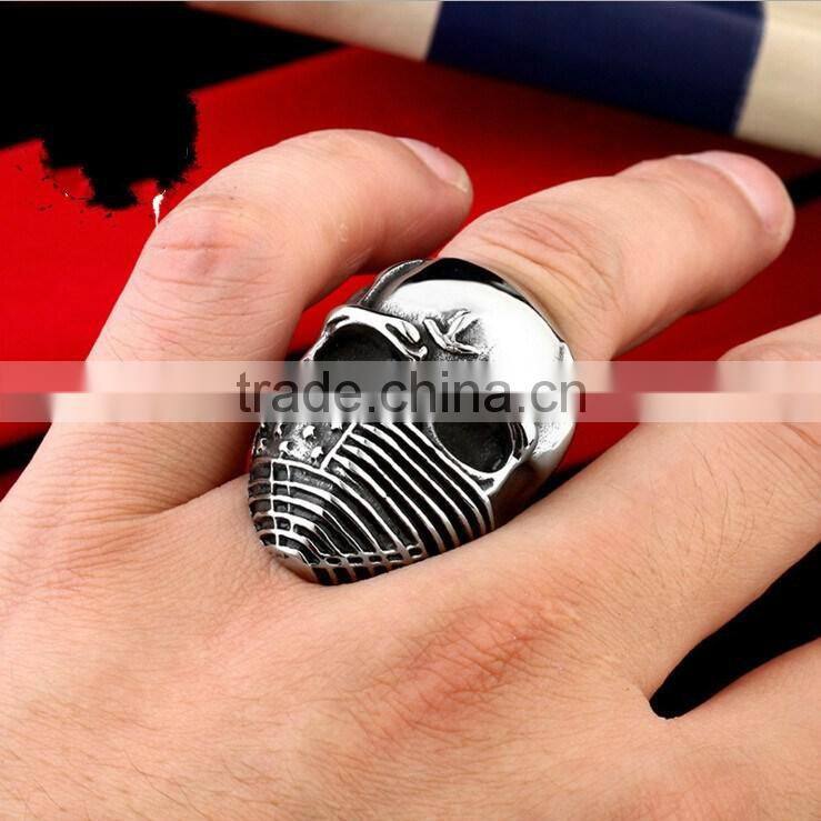 Mens Punk Goth Skull Ring Patriotic Stars Stripes Honor American Flag Bandit Biker Stainless Steel Ring Size 8-14