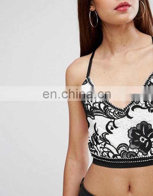 Alibaba Trending New Fashion Sexy Girls Top Design, Kendall and Kylie Paneled Long Sleeve Crop Top with Black or White Lace