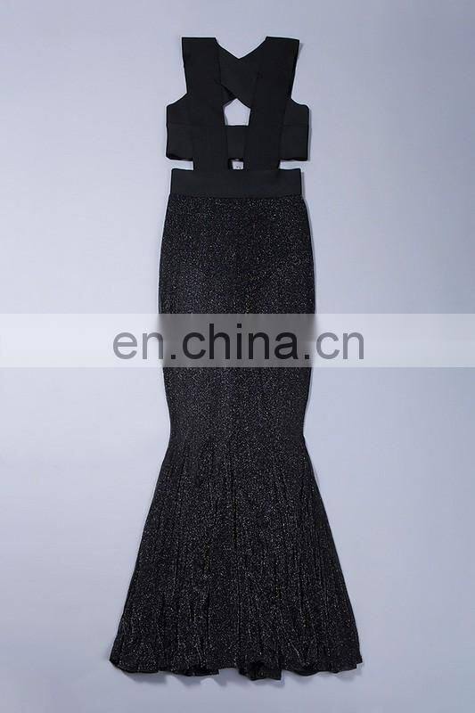 Amigo celebrity black sleeveless hollow out sliver tulle Mermaid maxi bandage dress for taller ladis