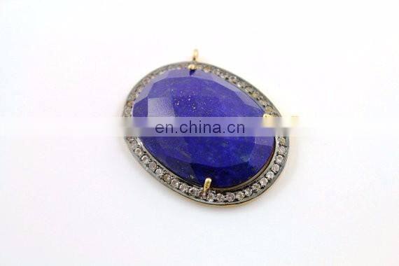 Genuine Natural Lapis Bezel Gemstone Pave Set in White Sapphire, 24k Gold Vermeil over Sterling Silver 25x32mm , 1 Piece (LPSWTZ