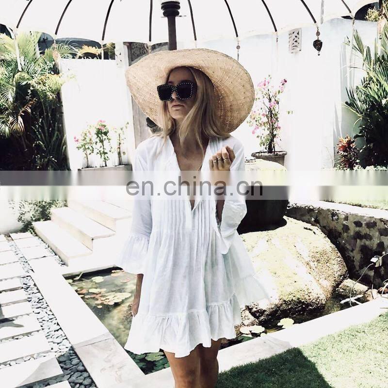 Loose Beach Dress Women White Beach Cover Up Women Bikini Cover Up Flare Sleeve Bohemian Bathing Suit Sundress Ruffle Hem Dress
