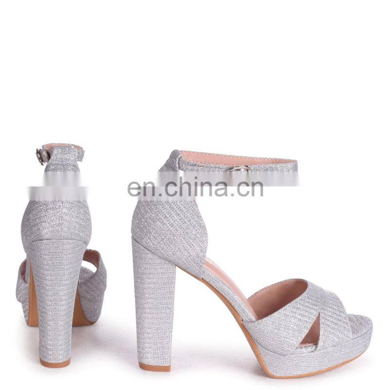 Silver glitter closed back platform high block heels ankle strap sandals ladies function shoes
