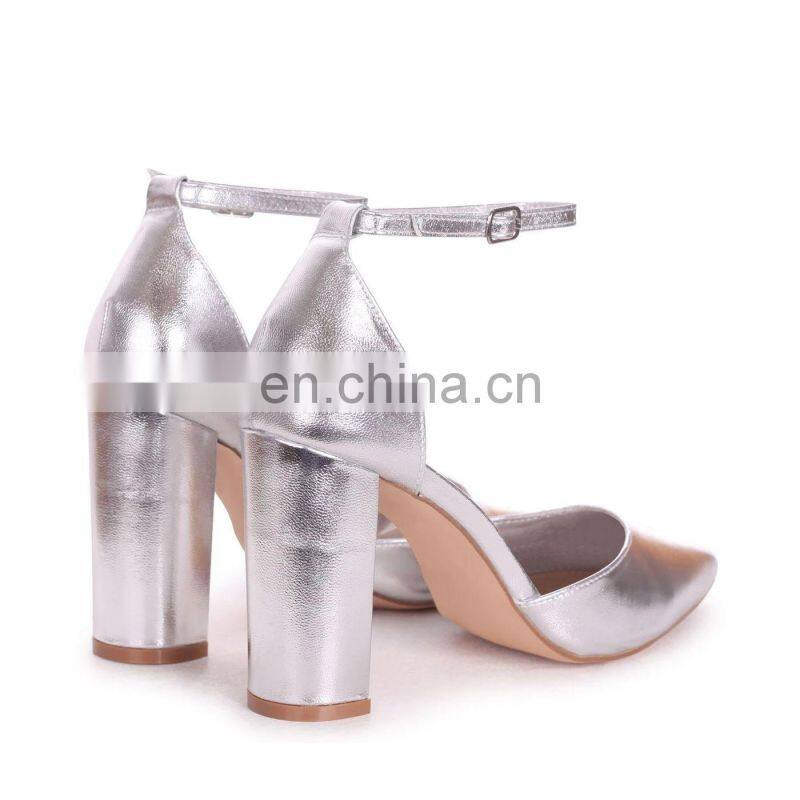 Women latest fashion silver color design high block heel ankle strap bridal sandals shoes other colors are available