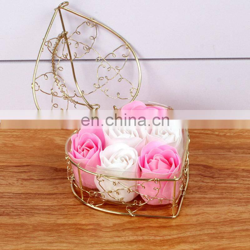 6pcs Soap Rose Flowers Gift Box Iron Basket Small Bouquets Gift Box Heart Shape Christmas Wedding Party Valentine's Day Gifts