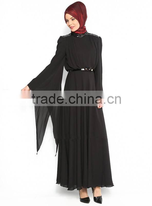 Elegant cheap black chiffon Long sleeve muslim evening dress 2015(MUSL-1001)