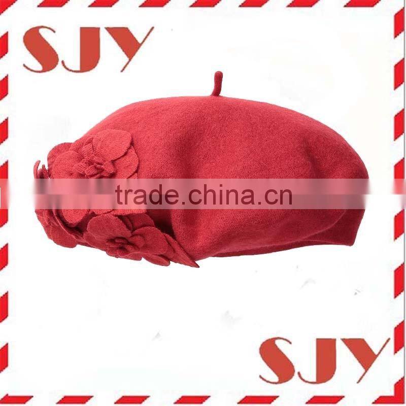 French Women's Wool Beret Hat with Self Flowers