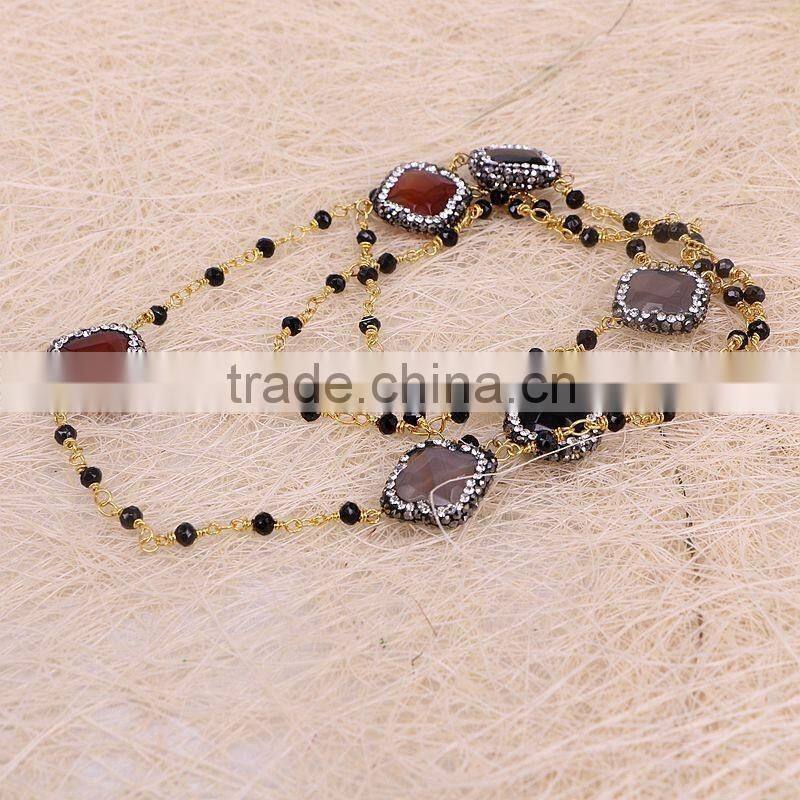 Pave Crystal Clover Druzy Agate Stone Necklace, Gold plated Wire Wrapped Beaded Rosary chain Black beads Necklace
