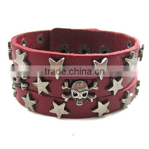 Handmade Wide Leather Skulls & Stars Wrap Bracelet