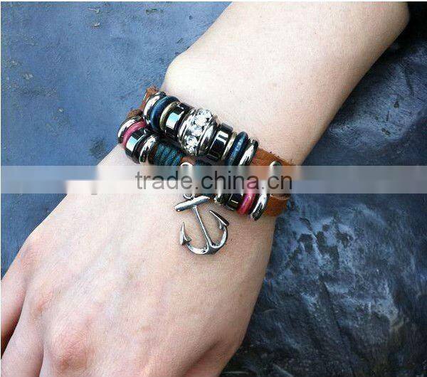 cheap simple ladies genuine leather beads bracelets with anchor metal drop