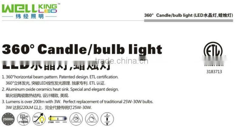 Top grade ETL Nihcia chip Dimmable e27 led chandelier candle light bulb