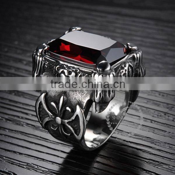 15MM Stainless steel vintage antiqued silver AAA red zircon ring steam punk jewelry 6240023