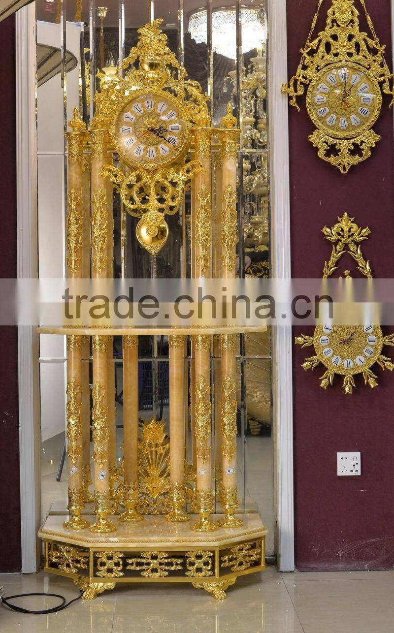 Latest Design Double Layer Grandfather Antique Clock, 24K Gold Copper Clock, Onyx Tube Marble Base Floor Clock