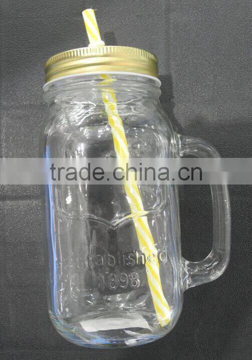 660ml drinkware clear glass handle jar with straw checkered lid