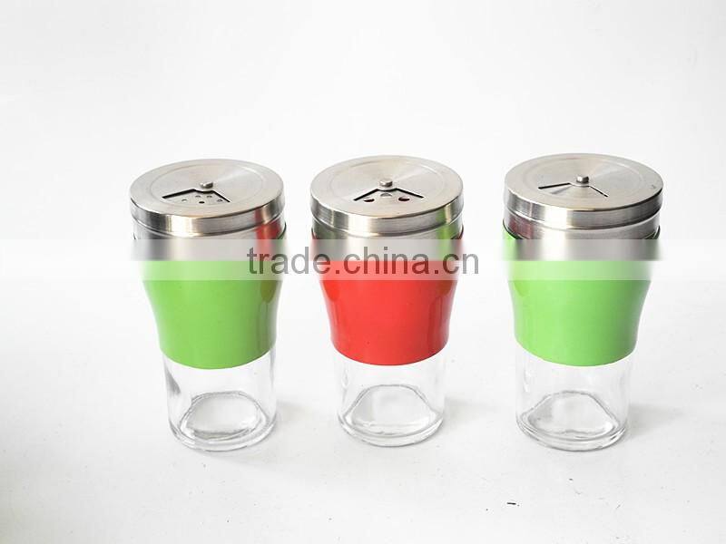 colorful glass condiment bottle with rotating hole lid metal cover