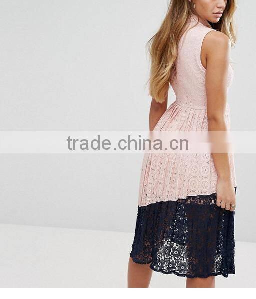 Guangzhou Wholesale Clothing OEM High Neck Sleeveless Lace Evening Dress With Pleated Skirt