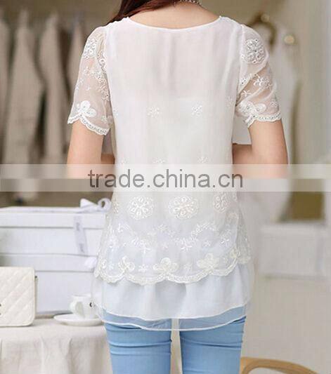 Embroidery lace chiffon round neck t- shirt with short sleeves