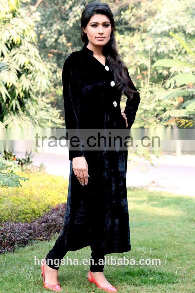 Fashion brand designer long kurtis with front neck crystal buttons navy blue velvet kurti HSD7920