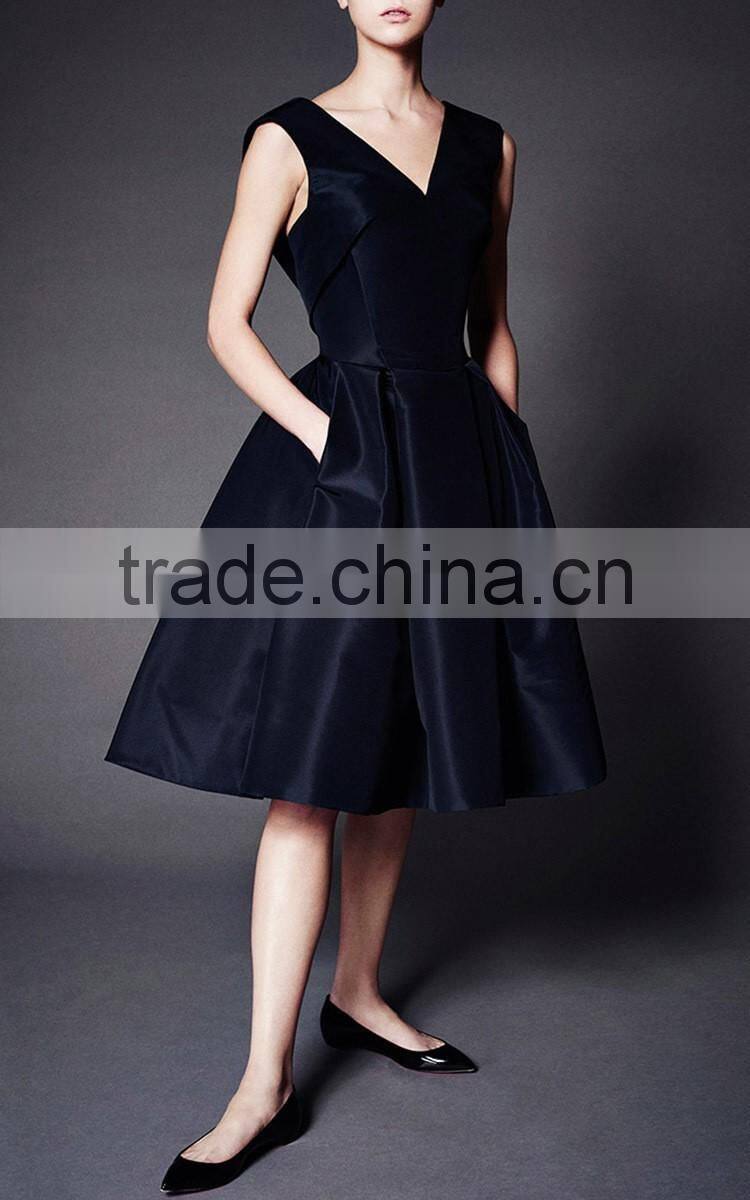 Elegant V-neckline Silk Faille Fabric Cocktail Dress Pleated Flounced Skirt Vintage Dress Evening Party Gown 2016 HSD5744