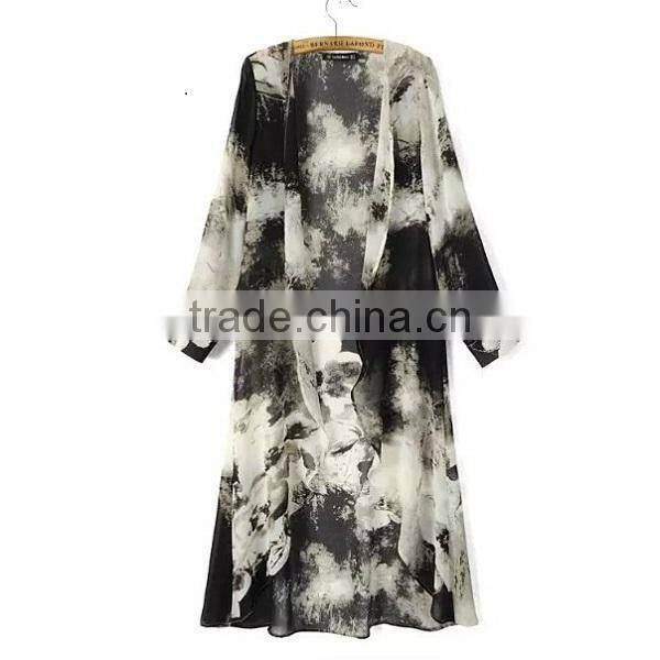 2015 new fashion long chiffon cardigan,maxi ink printing chiffon cardigan for women with long sleeve falbala placket