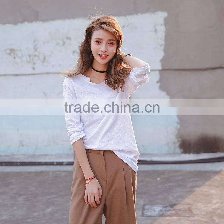 Wholesale plain cotton curved white long sleeve t shirt women