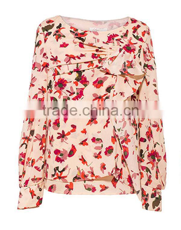 New fashion cotton allover round neck long sleeves high quality direct manufacturer see through collar design peasant blouse