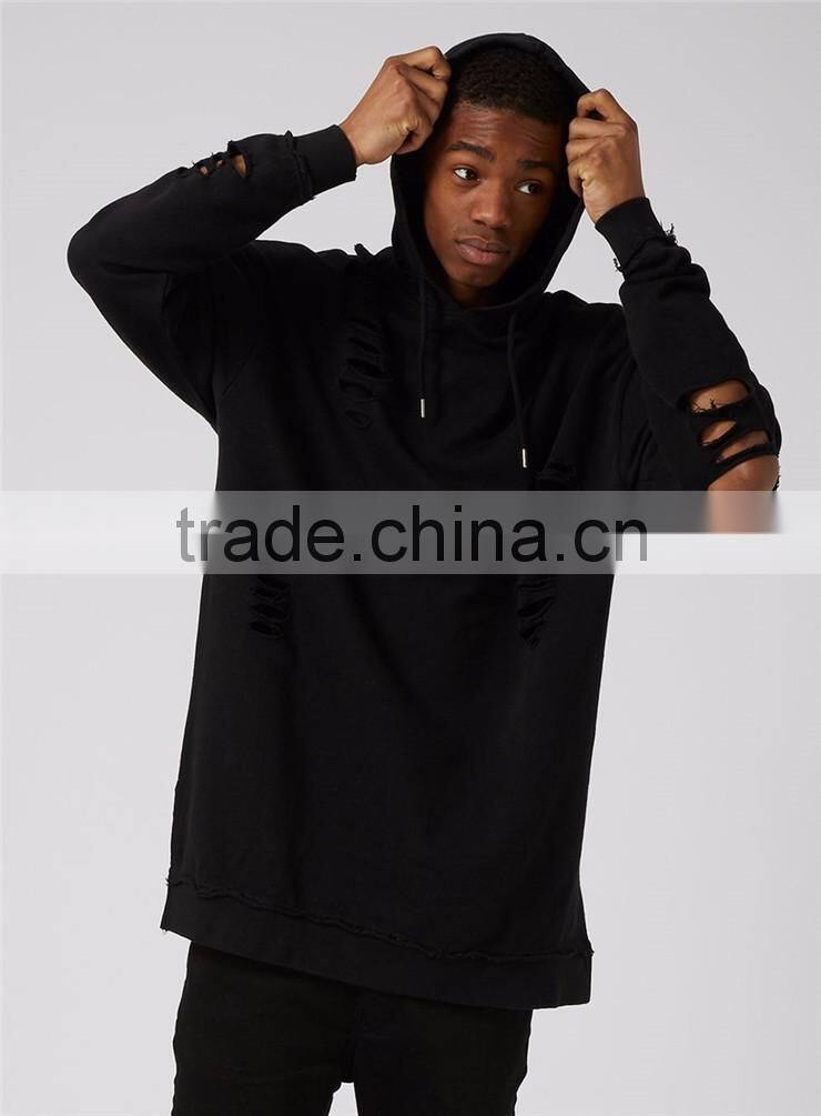 Plain Black Extreme Ripped Oversized Longline Distressed Hoodie Split Side Drawstrings Blank Sweatshirt Men
