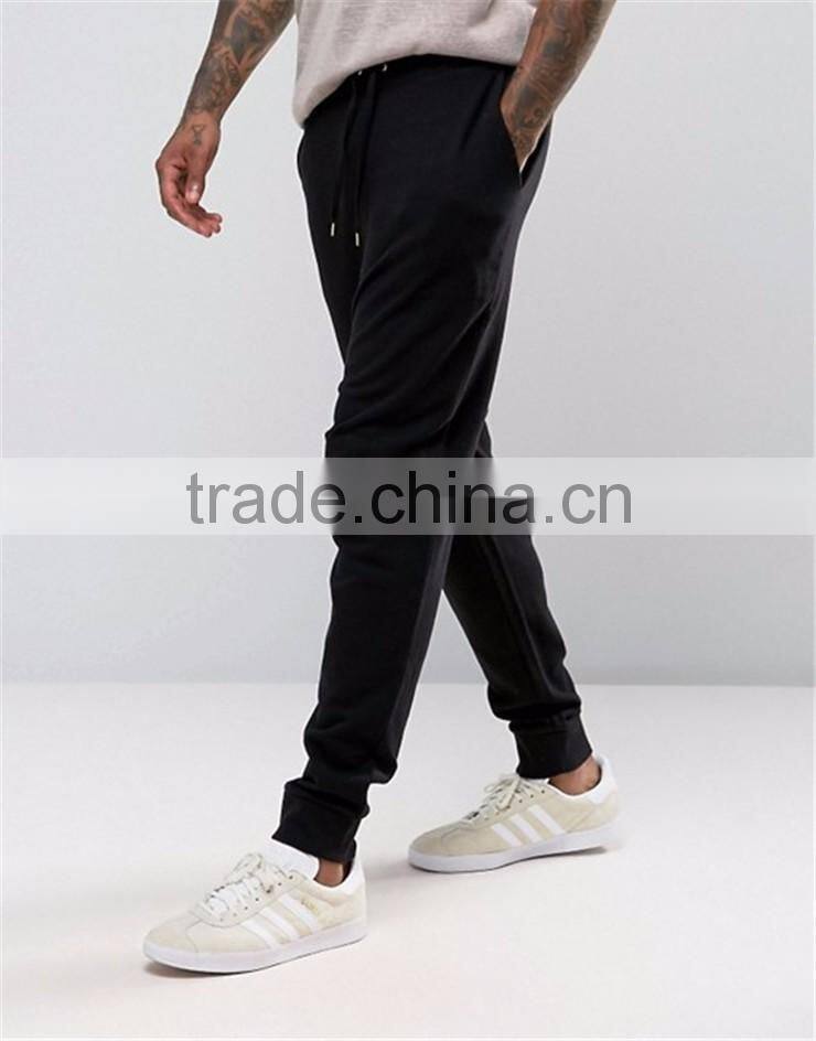 Plain Black 100 Cotton Men Drawstring Drop Crotch Joggers With Side Pockets Sport Pants