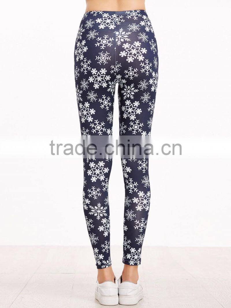 Navy Snowflake Print Leggings Polyester Spandex Outwear Sublimation Print Skinny Gym Jogger Customized Long Pants