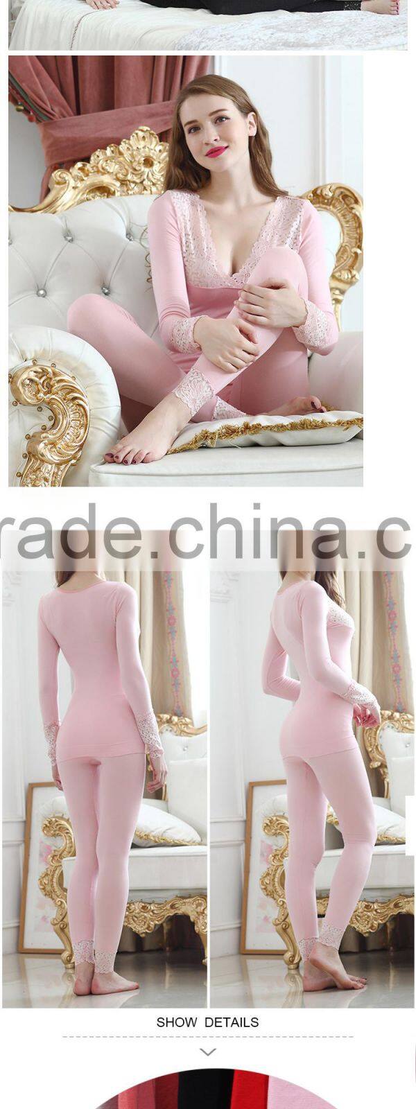 Hsz-TU004 V-neck Cotton Lace Top Ladies Sexy Slim Top Hot Sale Breathable Long Thermal Underwear