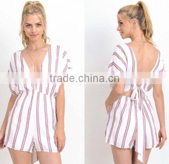 short sleeve striped designs backless summer romper deep-v sexy rompers for women