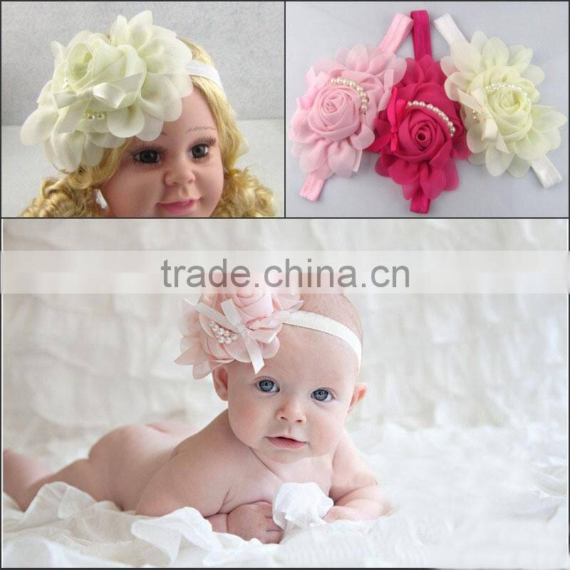 Newest 2014 roses pearl headbands baby children flowers hair accessories girls tire 13 color hair band headwrap hair ribbon