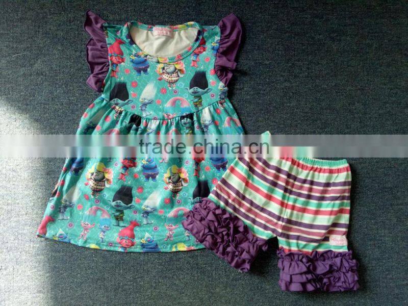 2017 boyi supplier kids clothing wholesale purple stripes with bird cage printed kids clothes girls baby clothes sets