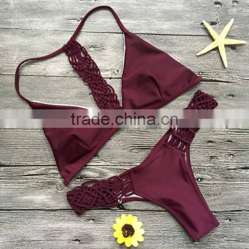 hand knitted multi rope swimwear bikini/ yln blue halter bikini swimwear/ fancy bikini set swimwear beachwear