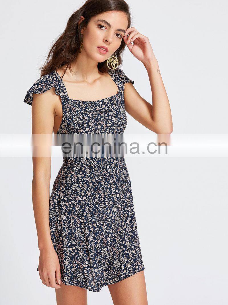 Florals Square Neck Criss Cross Bow Tie Back Beach Dress Sexy Model Hot Photos