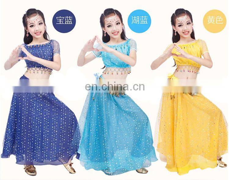 ET-128 Newest arrival multi-color indian Children performance belly dance costume including top and skirt and velvet scarf suit