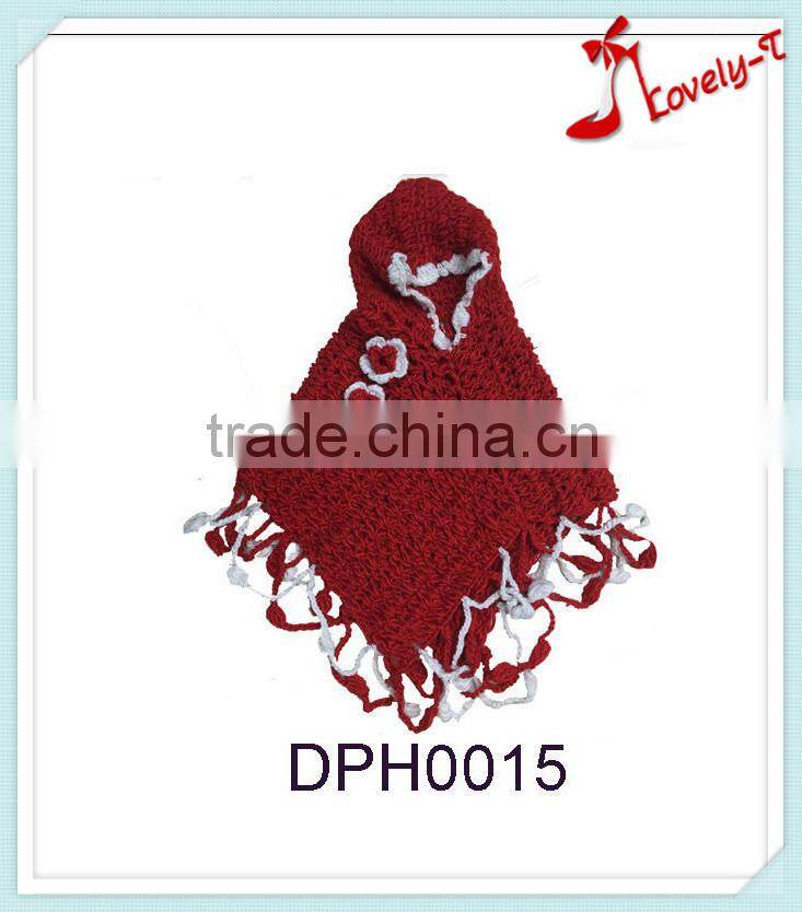 Hand knitting china red little girl's pullover crochet poncho scarf with hood
