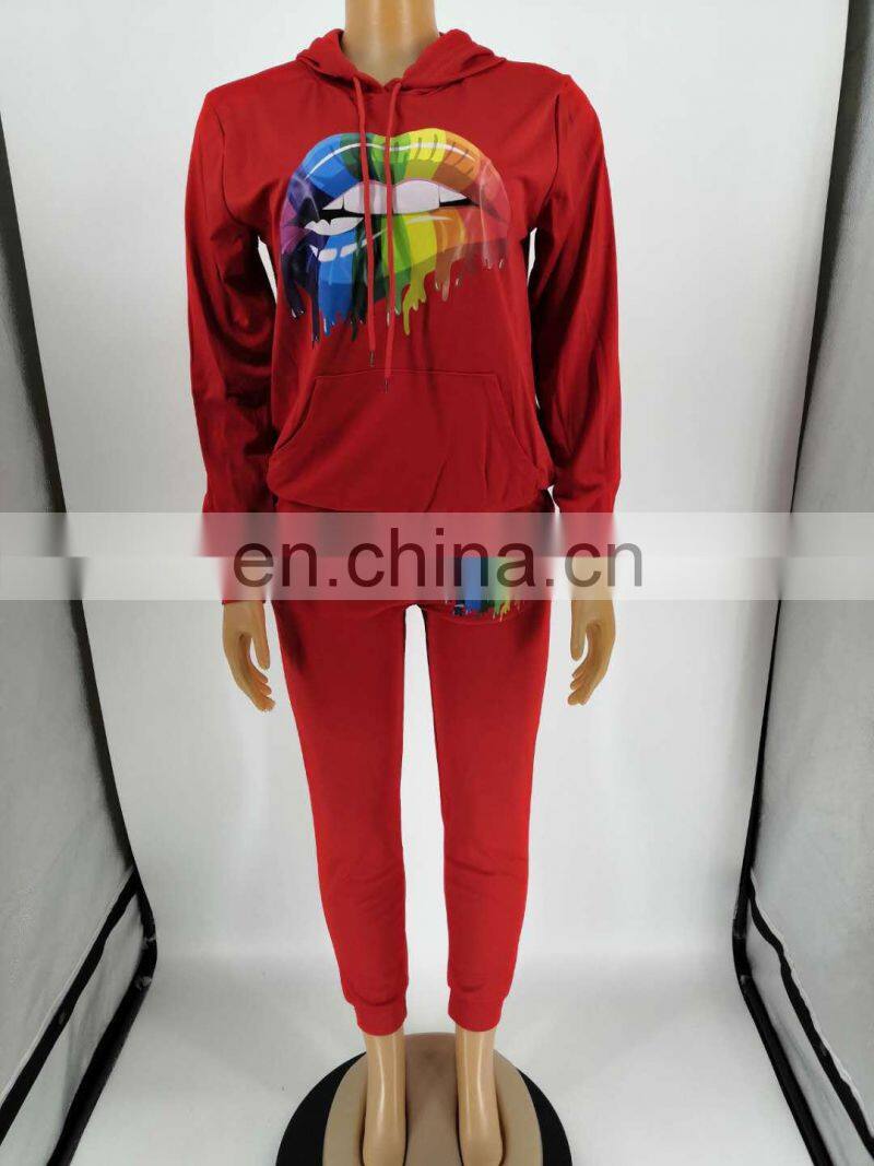Wholesale custom ladies suit printed hooded long sleeve sweater casual suit Sports long hooded printed suit Casual style