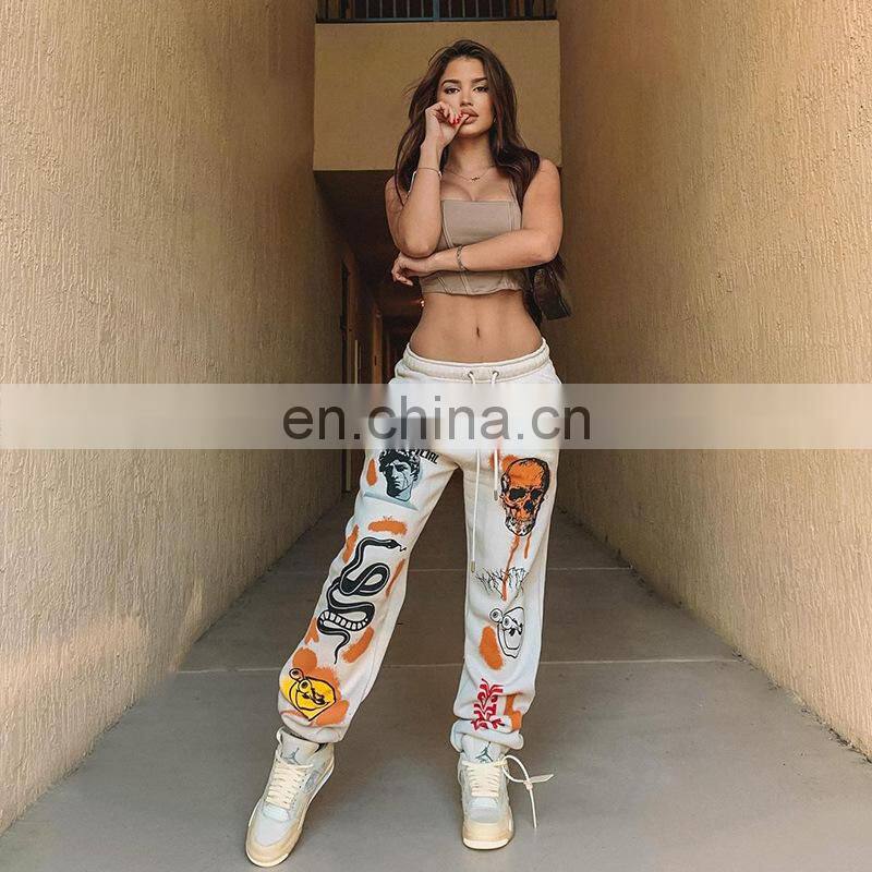 2021 autumn and winter new fashion street trend multi-pattern printing strap thick warm casual pants