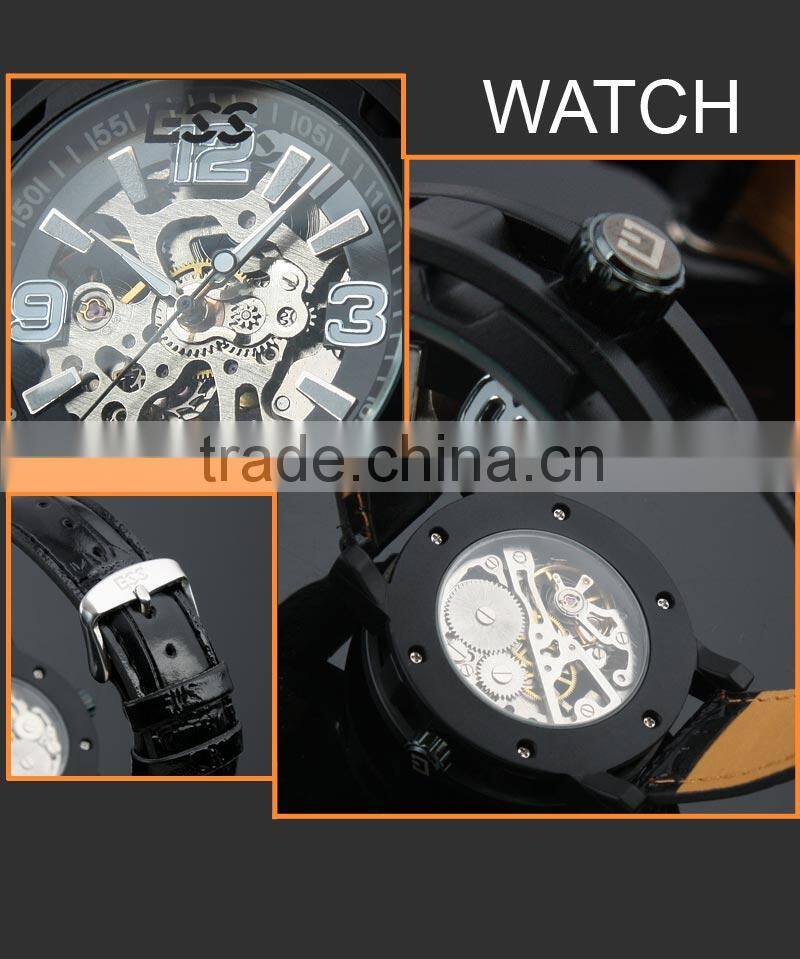Brand Men's Black Luxury Skeleton Leather Mechanical Watch WM221-ESS