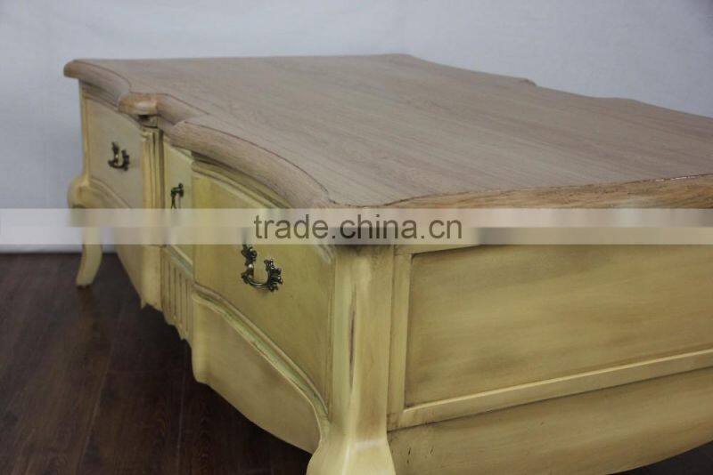 Antique yellow paint solid wood Vintage Carved Low Coffee Table