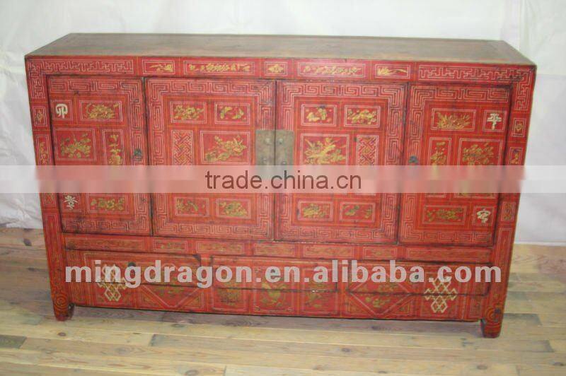 Chinese antique furniture red& golden painting three drawer four Foor cabinet